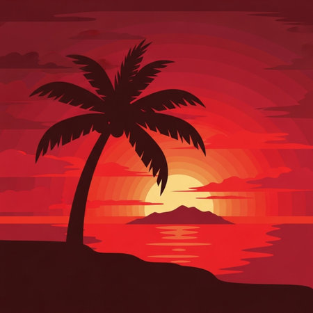 Palm tree on the island at sunset. Vector illustration for your designのイラスト素材