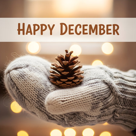 Female hands in woolen mittens holding fir cone and text Happy Decemberの素材
