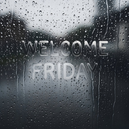 Welcome Friday text written on wet glass with rain drops, blurred backgroundの素材