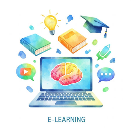 E-learning concept. Hand drawn illustration of laptop, books, lightbulb and brain.のイラスト素材