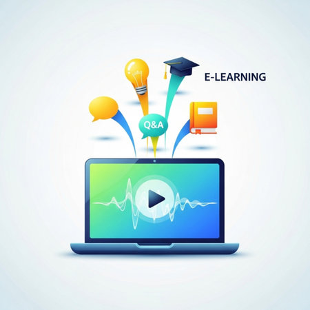E-learning concept with laptop and education icons. Vector illustration.のイラスト素材