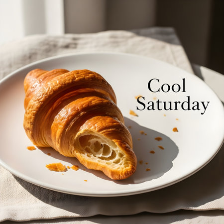 Fresh croissant on a white plate with the text cool Saturdayの素材