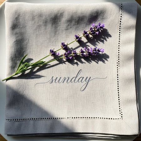 Lavender flowers on a napkin with the words sundayの素材