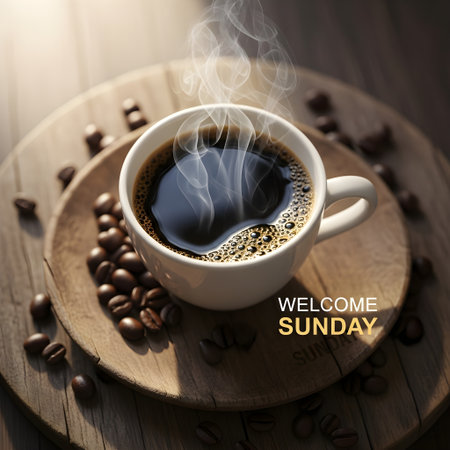 Cup of hot coffee and coffee beans on a wooden board.の素材