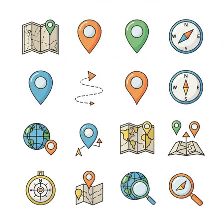 Set of colored flat icons with map, magnifier, compass, location, search and navigation.のイラスト素材