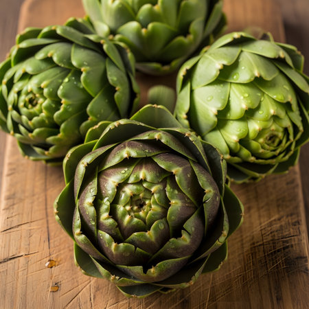 Fresh artichokes on rustic wooden table. Selective focusの素材