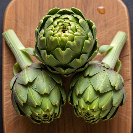 Fresh artichokes on a wooden cutting board, top view.の素材