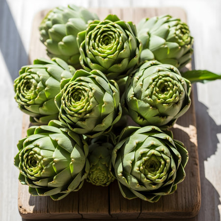 Artichokes on a cutting board on a white wooden background.の素材