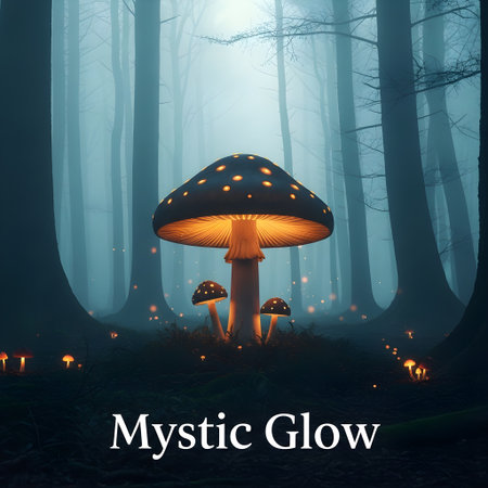 Foggy enchanted forest with glowing mushrooms" and text: "Mystic Glow"の素材