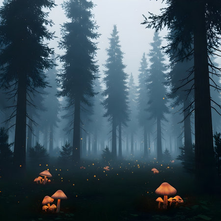 Mysterious forest with mushrooms in the fog. 3d renderの素材