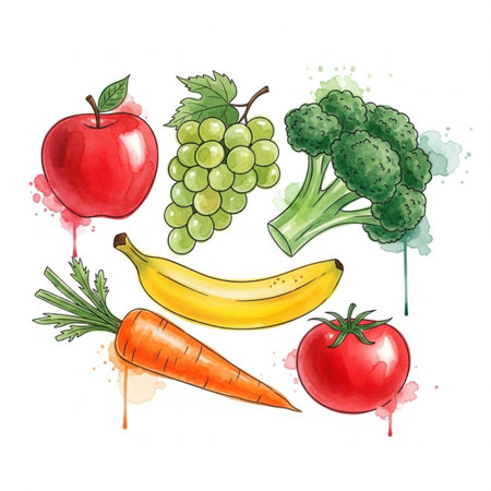 Fruits and vegetables set. Hand drawn watercolor illustration isolated on white backgroundのイラスト素材