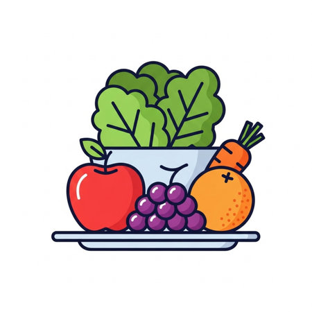 Fruit and vegetables on a plate. Vector illustration in doodle style.のイラスト素材