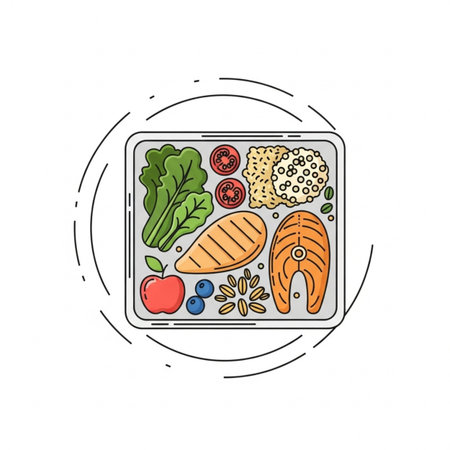 Healthy lunch box with salmon, vegetables and fruits. Vector illustration.のイラスト素材