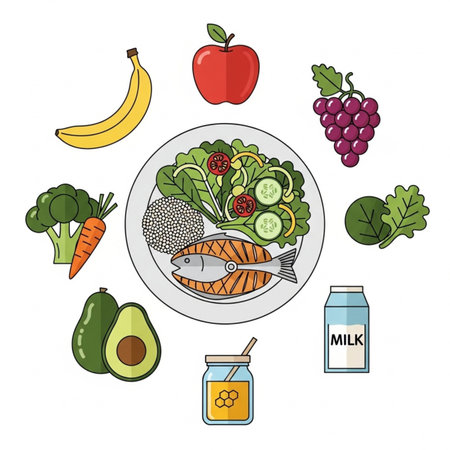 Healthy food. Vector illustration of a healthy meal with vegetables and fruits.のイラスト素材