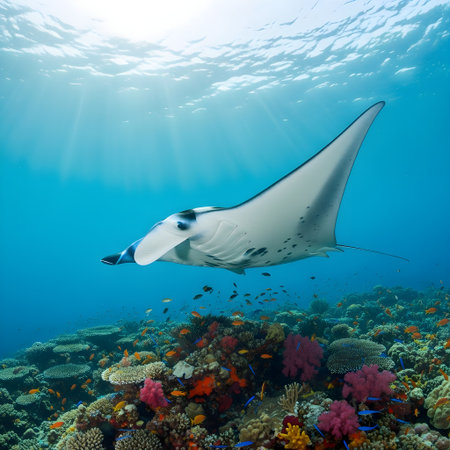 Manta ray on a tropical coral reef in the Red Sea.の素材