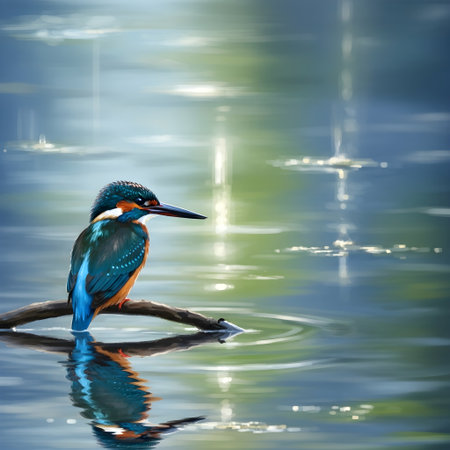 Kingfisher on a branch in the water with reflection in itの素材