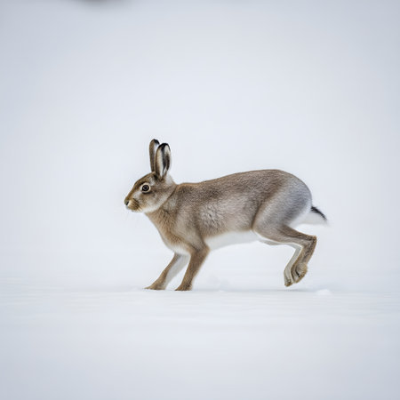 Mountain Hare in Mid-Hop Across a Snowy Winter Landscape, Clean White Compositionの素材