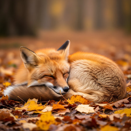 Red fox sleeping in autumn leaves. Close-up portrait of a wild animal.の素材