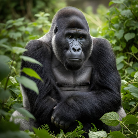 Close-Up of a Majestic Mountain Gorilla Sitting in Lush Green Foliage, Natural Soft Lightの素材