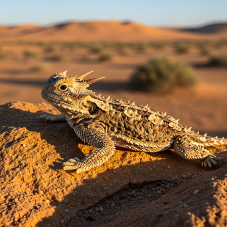 Sunlit Desert Scene with a Horned Lizard on a Warm Rock, Isolated Subjectの素材