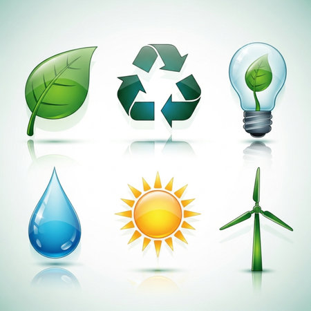 Ecology icons set with green leaves and wind turbines. Vector illustration.のイラスト素材