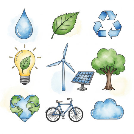 Ecology icons set. Watercolor hand drawn illustration. Isolated on white backgroundのイラスト素材