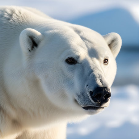 Close-Up Portrait of a Polar Bear with Glistening Fur and Blurred Snowy Backgroundの素材