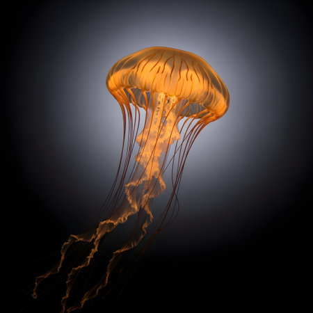Orange jellyfish on a dark background. 3d rendering, 3d illustration.Jellyfish Dayの素材