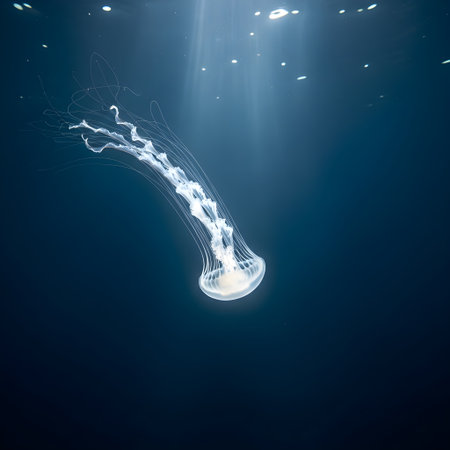 Jellyfish in deep blue ocean. Underwater photo of jellyfish.Jellyfish Dayの素材