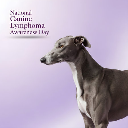 Elegant Side Profile of a Greyhound on a Pastel Lavender Background for Canine Cancer Awarenessの素材