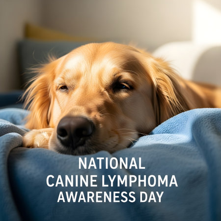 Tender Close-Up of a Golden Retriever Resting on a Soft Blue Blanket for Canine Lymphoma Awarenessの素材