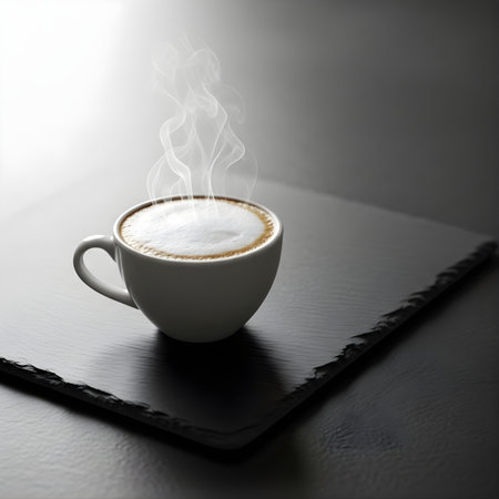 Minimalist Single Cappuccino Cup with Steam on Dark Slate Surfaceの素材