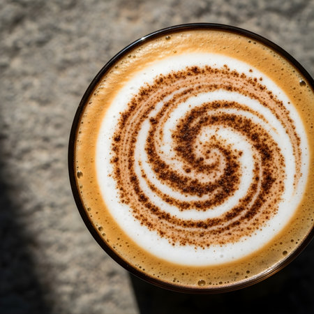 Artistic Macro of Cappuccino Foam Texture with Cinnamon on Rustic Stoneの素材