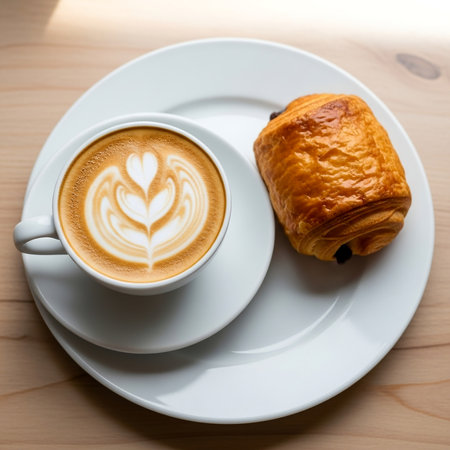 Top View of Fresh Cappuccino with Puff Pastry on White Plate, Clean Compositionの素材