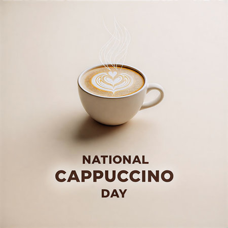 Perfect Cappuccino with Heart Latte Art in White Cup on Rustic Wood for National Cappuccino Dayの素材