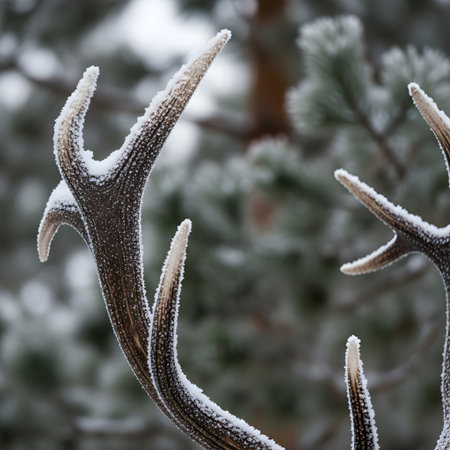 Close-Up of Alascattalo Antler Tips Frosted with Snow, Soft Blurred Backgroundの素材