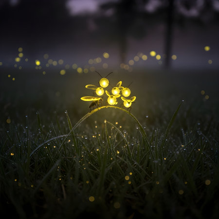 Cluster of Glowing Fireflies Above Dew-Covered Grass in a Misty Forestの素材