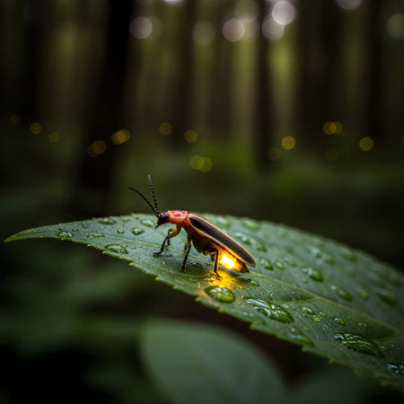 Trail of Firefly Lights Curving Through Tall Meadow Grass at Twilightの素材