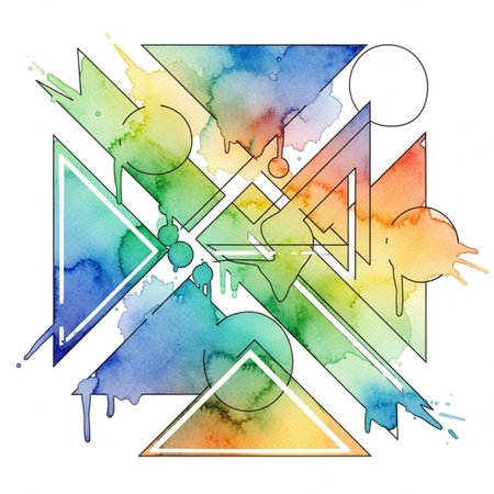 Abstract watercolor background with geometric elements. Hand-drawn illustration.のイラスト素材