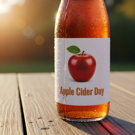 Orchard Bokeh Scene with Clear Bottle of Apple Cider in Focus for Apple Cider Dayの素材