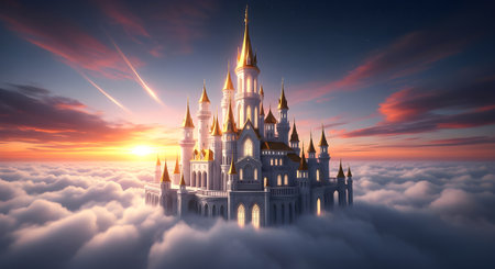 Sky Castle on Clouds with Golden Towers and Vibrant Sunset Backgroundの素材