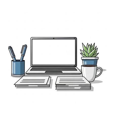 Laptop computer with office supplies over white background. colorful design. vector illustrationのイラスト素材