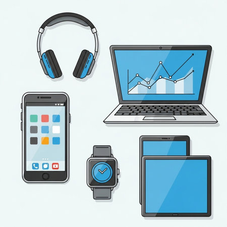 Smartphone, laptop, tablet, smart watch and headphones. Vector illustration.のイラスト素材