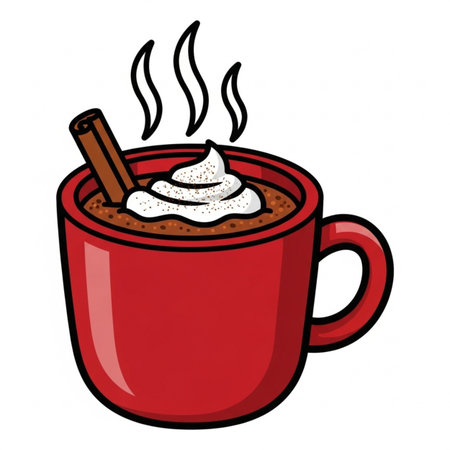 Illustration of a red cup of coffee with whipped cream and cinnamonのイラスト素材