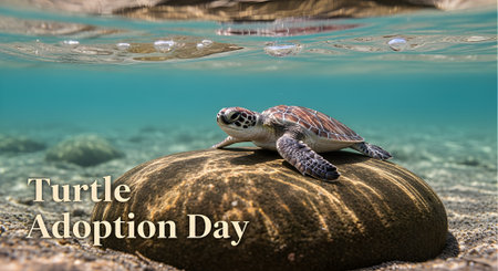 Juvenile Sea Turtle Basking on Wet Stone with Sandy Ocean Floor Turtle Adoption Dayの素材