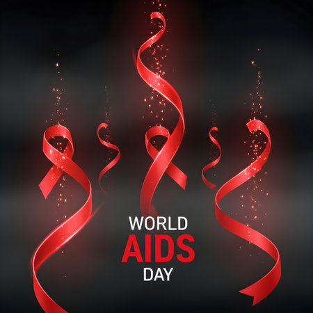 Dynamic Swirl of AIDS Awareness Ribbons with Energy Sparks on Dark Backgroundの素材