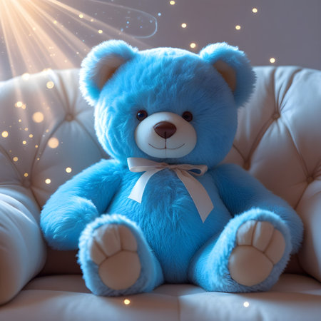 Soft Blue Plush Teddy Bear Sitting on Cozy Sofa with Dreamy Pastel Glowの素材