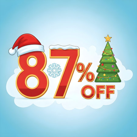 Discount up to 87% off with Christmas tree and Santa hat on blue backgroundのイラスト素材