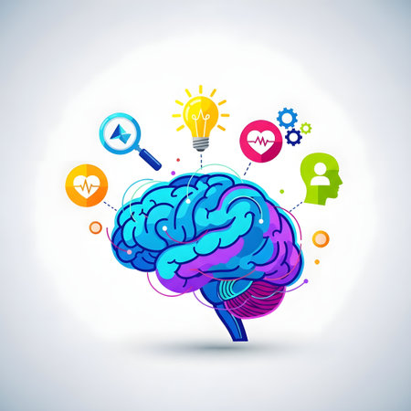 Creative human brain with colorful icons and symbols. Vector illustration.