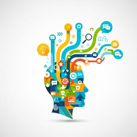 Human head with colorful social media icons and symbols. Vector illustration.のイラスト素材